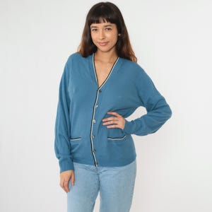 70s Cardigan Blue Button Up Knit Sweater Retro Plain V Neck Grandpa Sweater Striped Trim Preppy Knitwear Acrylic Vintage 1970s Medium Large
