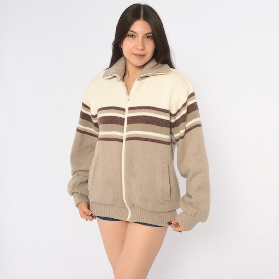80s Striped Knit Bomber Jacket Tan Brown Cream Zip Front Sweater Coat Ribbed Collar Wool Blend Grandpa Cardigan Fall Vintage Womens Medium M