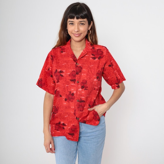 70s Hawaiian Shirt Red Floral Hibiscus Fish Print Button Up Tropical 1970s Vintage Short Sleeve Retro Tourist Medium