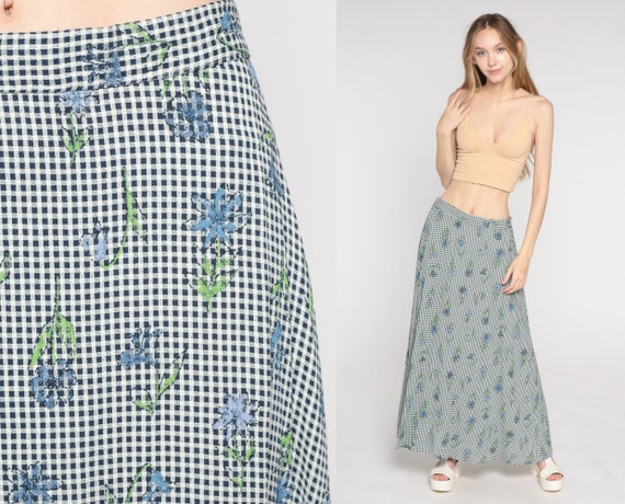 Gingham Floral Skirt 90s Midi Skirt Retro Boho Grunge Flower Print Long Hippie Festival Girly Brunch Feminine Summer Vintage 1990s Small S