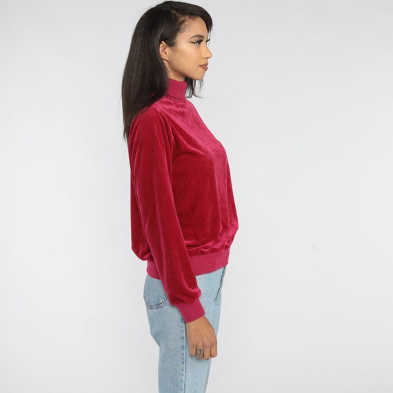 Raspberry Red Velour Sweatshirt 80s Turtleneck Sw… - image 3