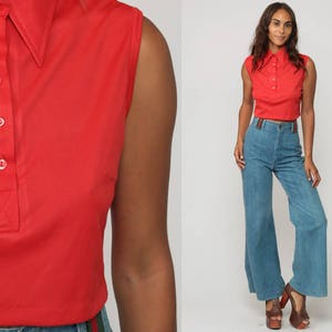 Red Shirt 70s Tank Top Red Shirt Crop Top Half Button Up Polo Boho Shirt Sleeveless Vintage Bohemian 1970s large