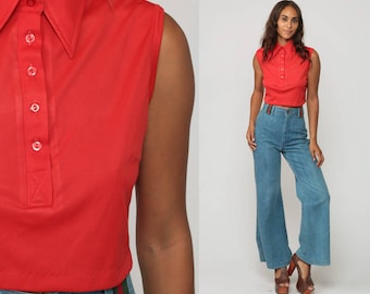 Rot Hemd 70er Tank Top rot Shirt Crop Top Hälfte Knopf bis Polo Boho Shirt ärmelloses Vintage böhmischen 1970 große