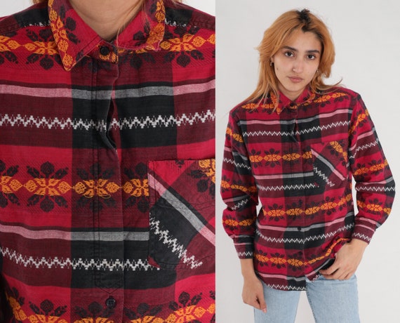 Checkered Floral Blouse 90s Red Black Embroidered Button Up Shirt Long Sleeve Flower Top Preppy Retro Vintage 1990s Cotton Medium M