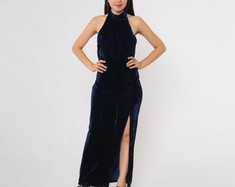 blue velvet halter dress Halter Open Back Velvet Bridesmaid Dress, Royal_Blue