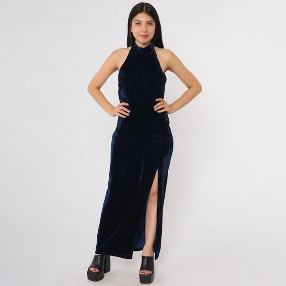 Velvet Halter Gown 90s Navy Blue Formal Dress High Neck Backless Evening Partywear Slit Susan Roselli Cocktail Prom Style Size 6 Small S