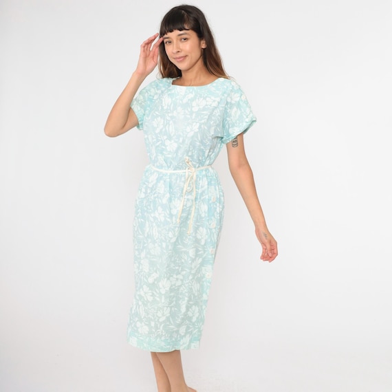 Vintage Light Blue Floral Dress 80s Midi Short Sleeve Day Dress Button Side Slit Secretary Dress High Waisted 1980s Pastel Large L
