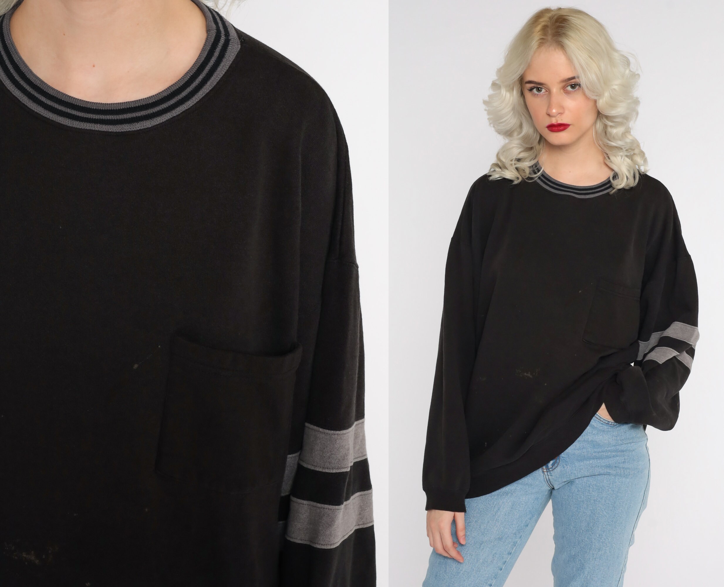 Black Striped Sweatshirt -- 80s Sweater Retro Sweatshirt 90s Distressed Grey Striped Sweatshirt 