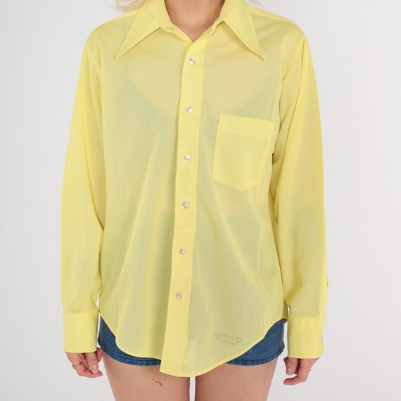 70s Button Up Shirt Sheer Yellow Shirt Button Up … - image 4