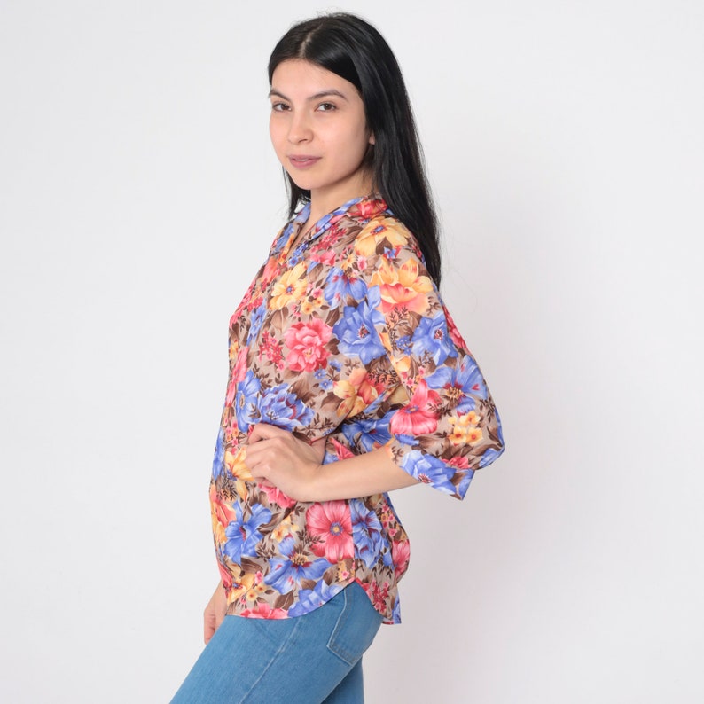 70s Floral Blouse Pleated Shirt Collared V Neck Top Flowy Relaxed Loose Tent Flower Print 3/4 Sleeve Summer Boho Retro Vintage 1970s Medium image 3