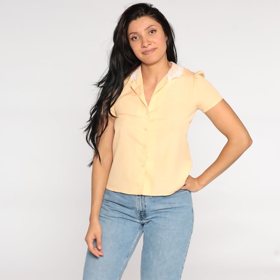 Puff Sleeve Blouse Plain Peach Top Lace Collar Orange Button Up Shirt 80s Collar Top Vintage 1980s Short Sleeve Small S
