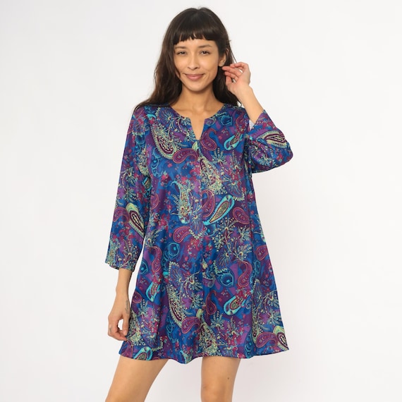 80s Paisley Dress Blue Purple Pink Teal Long Sleeve V Neck Shift Tunic Knee Length Colorful Vintage Psychedelic Print Floral Large L
