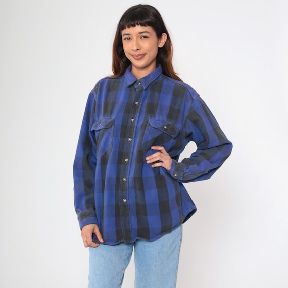 Vintage Buffalo Plaid Shirt 90s Redhead Blue Distressed Button up Shirt Black Retro Checkered Long Sleeve Faded Cotton 1990s Men's XL