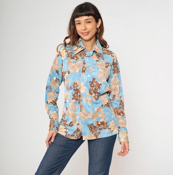 Men's 70s Floral Shirt Vintage Blue Boho Shirt Dagger Collar Disco Shirt Button Up Bohemian 1970s Brown Tan Hippie Long Sleeve Medium