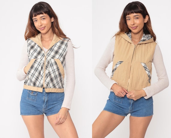 Reversible Vest 70s Vintage Plaid Hooded Tan Black White Checkered Zip Up Quilted Puffer Preppy Extra Small XS