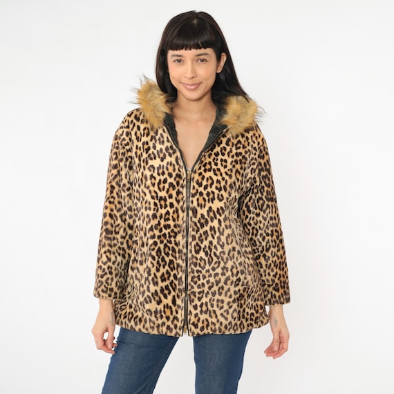 Vintage Leopard Faux Fur Coat 70s Hooded Vegan Jacket Bohemian Animal Print 1970s Winter Hoodie Boho Medium M