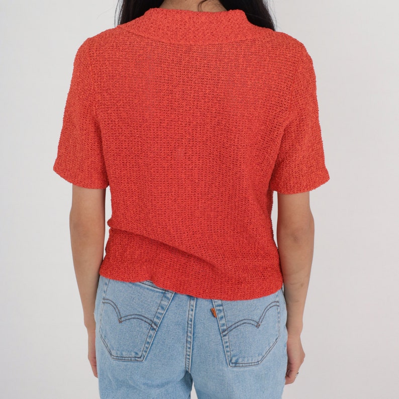 Orange Knit Blouse 90s Knit Sweater Top Short Sleeve Button up Blouse Collared Retro Preppy Shirt Boho Vintage 1990s Small S image 6
