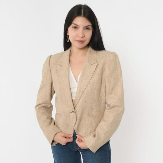 Vintage Tan Blazer 80s Textured Cropped Jacket Single Button Up Puff Sleeve Tailored Fit Deep V Neck 1980s Minimalist Professor Medium M