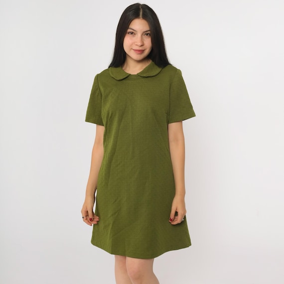 60s Olive Green Mod Mini Dress Vintage Peter Pan Collar 1960s Shift Sixties Day Short Sleeve Minidress Plain Textured Polyester Small Medium