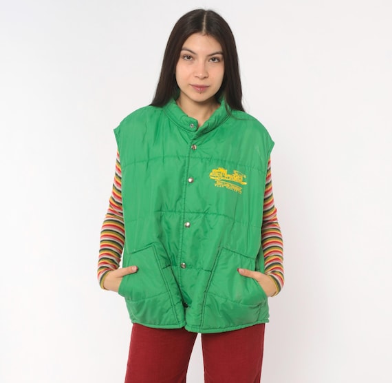 80s Green Puffer Ski Vest Transport Trucker Snap Front Quilted Jacket Emerald Work Wear Padded Winter Camping Vintage Mens Medium M Large L