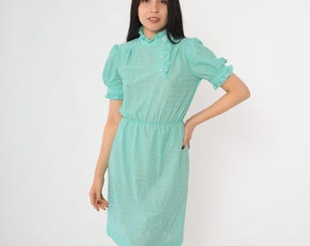Vintage Schiere Seafoam Kleid 80er Jahre Puff Ärmel Perle Button Up Gekräuselte Stehkragen Midi Karierte Sekretärin Rüschen 1980er Jahre Klein