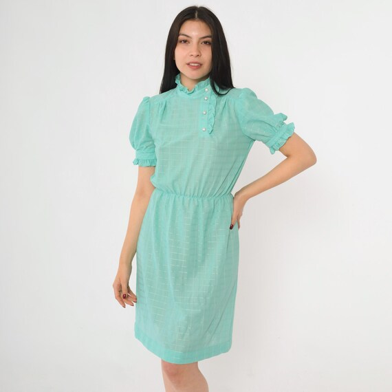 Vintage Sheer Seafoam Dress 80s Puff Sleeve Pearl Button Up Ruffled High Neck Midi High Waisted Checkered Secretary Ruffle 1980s Small