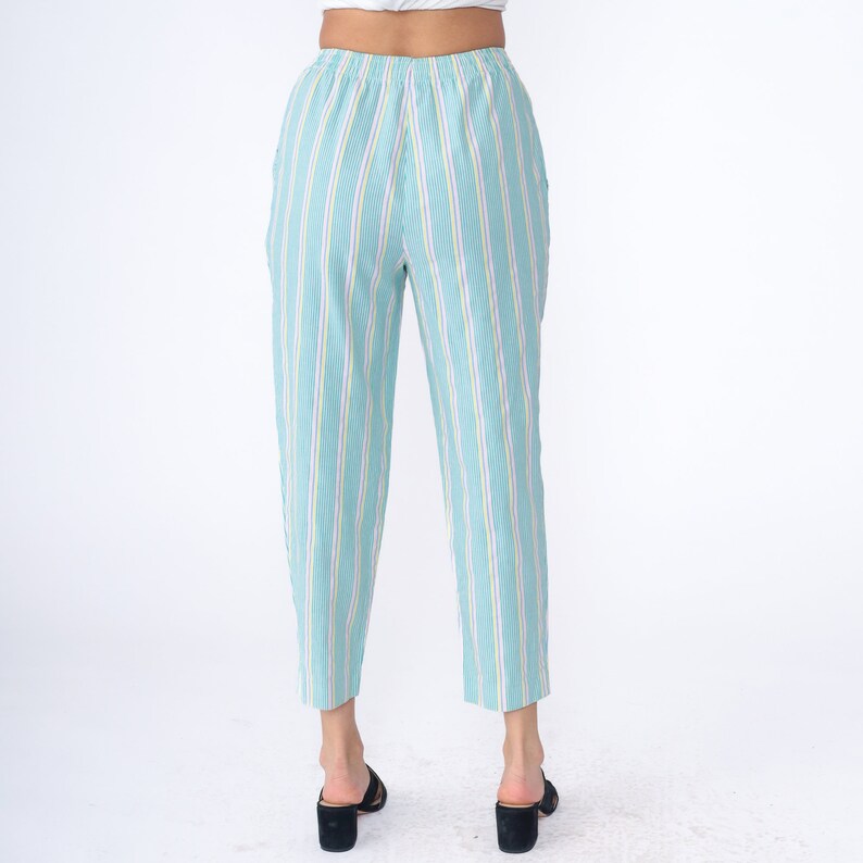 80s Striped Pants Pastel Green Pink Seersucker Elastic Waist Trousers High Waisted Slacks 1980s Tapered Leg Casual Pants Vintage Small 4 image 7