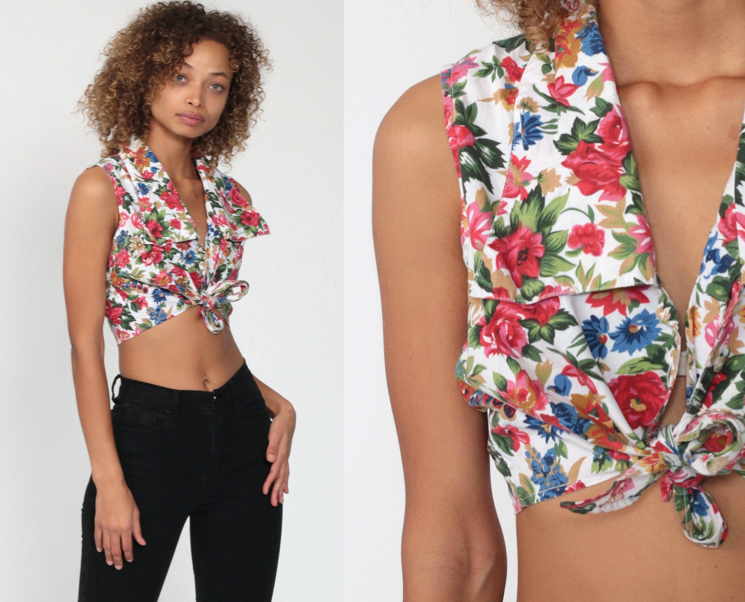 Vintage Sleeveless Tie-Front Top Cropped Tie-Front Blouse