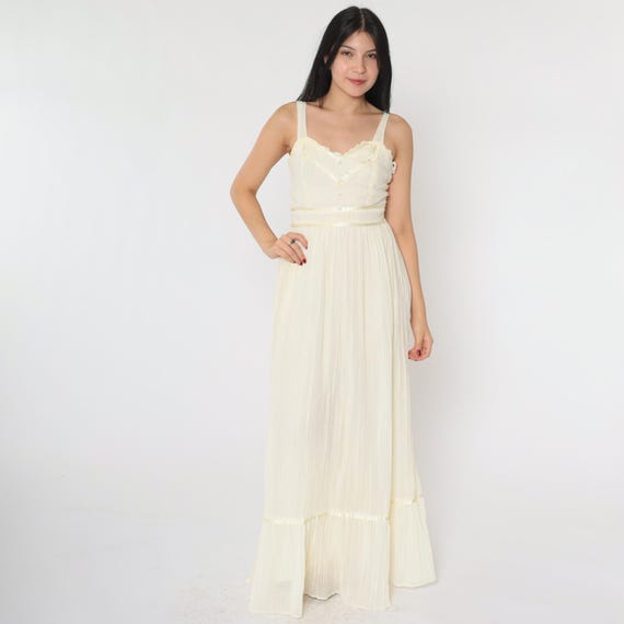 70s Prairie Dress Cream Tiered Gauze Sundress Boho Cottagecore Maxi Hippie Dress 1970s Vintage Sun Bohemian Summer High Waist Small 4