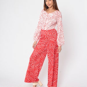 70s Jumpsuit Wide Leg Pants Red White Geometric Print Boho Hippie One Piece Button Up 1970s Long Sleeve Bohemian Vintage Small Medium