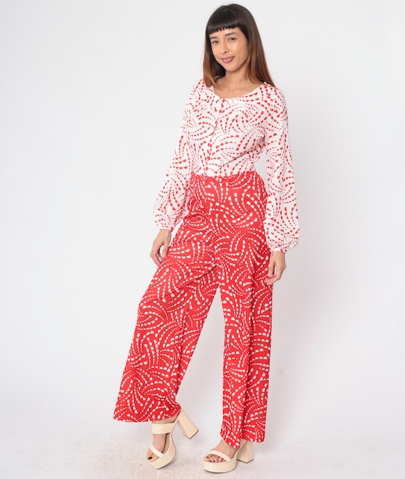 70s Jumpsuit Wide Leg Pants Red White Geometric Print Boho Hippie One Piece Button Up 1970s Long Sleeve Bohemian Vintage Small Medium