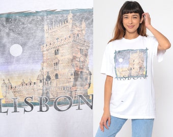 Lisbon Portugal Shirt 90s Belém Tower Portuguese T-Shirt Distressed Graphic Tee Tourist Travel TShirt White Destination Vintage 1990s Large