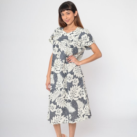 Floral Hawaiian Dress Grey Hibiscus Tent Dress Tropical Midi Dress Boho 80s Bohemian Vintage 1980s Retro Trapeze Muu Muu Dress Medium