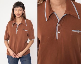 70s Knit Polo Shirt Brown Collared Top Retro Preppy Short Sleeve Banded Hem Seventies Ringer Vintage 1970s Acrylic Medium M