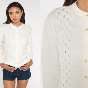 Pointelle Cardigan 70s Bohemian Sweater White Sweater Button Up 1970s Vintage Open Weave Sheer Textured 1970s Boho vtg Nerd Grandma Small S