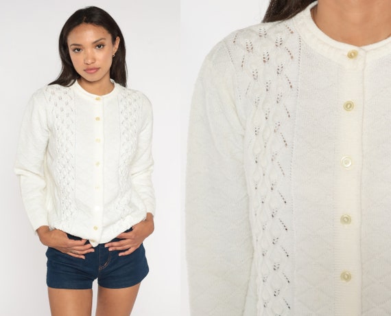 Pointelle Cardigan 70s Bohemian Sweater White Sweater Button Up 1970s Vintage Open Weave Sheer Textured 1970s Boho vtg Nerd Grandma Small S