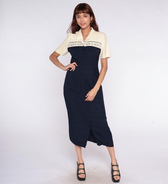 short sleeve color block dress 90s Color Block Dress Two Tone Cream Navy Short Sleeve Collar Vintage  Academic Professional Office Preppy Classic Dressy Elegant Small S