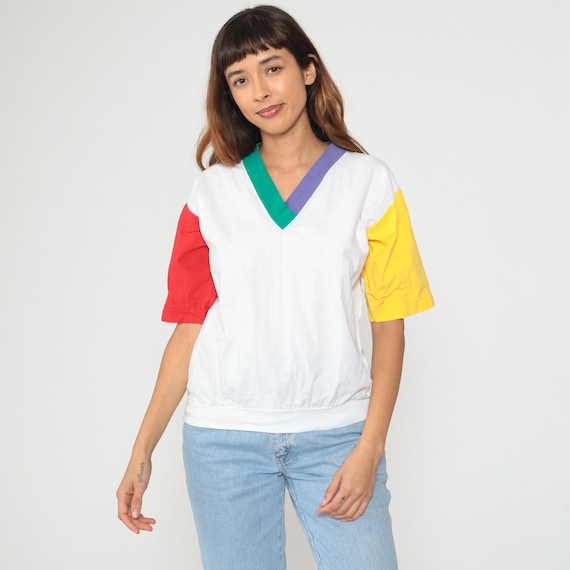 Multicolor Colorblock Top90s V Neck White Cotton Vintage Shirt Yellow Red Green Purple Color Block Contrasting Trim Preppy Style Medium M
