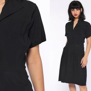 Black 1940s Dress Crepe ASYMMETRICAL COLLAR Party WWII 40s Antique Retro Cocktail High Waist 50s Vintage Formal Short Sleeve Extra Small xs