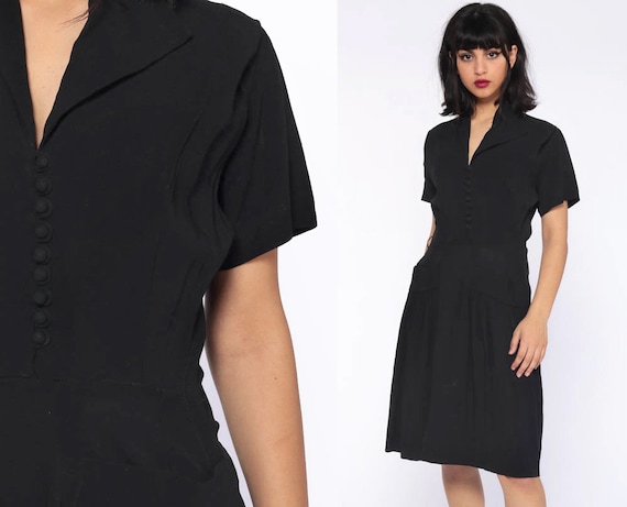 Black 1940s Dress Crepe ASYMMETRICAL COLLAR Party WWII 40s Antique Retro Cocktail High Waist 50s Vintage Formal Short Sleeve Extra Small xs