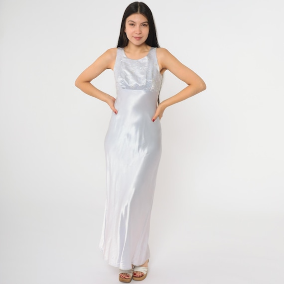 Lavender Satin Dress 90s Embroidered Sequin Party Cocktail Maxi Sleeveless Lace Up Back Sheath Empire Waist 1990s Vintage Small 3/4