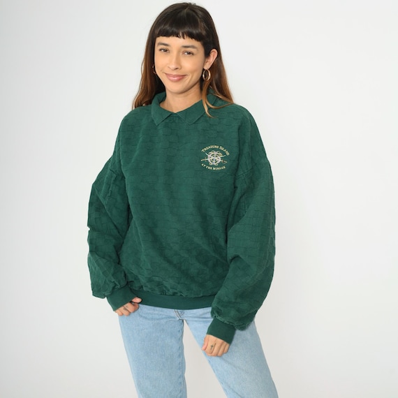 Vintage Treasure Island Las Vegas Sweatshirt 90s Green Embroidered Mirage Resort Logo Pullover Textured Boxy 1990s Collared Oversized Medium