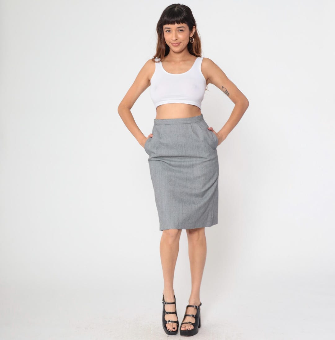 Black Checkered Skirt 80s Midi Skirt High Waisted Skirt