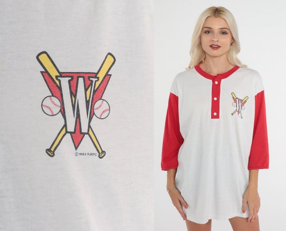 Winston Cigarettes Shirt 90s Baseball Tee Retro Ringer T-Shirt Smoking Logo Spots Graphic White Red Henley T Shirt Vintage 1990s Mens Large
