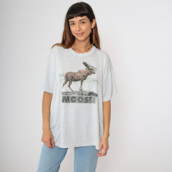 Vintage 90s Moose T-Shirt Distressed Grey Retro Animal Wildlife Graphic Tee Screen Stars TShirt Short Sleeve Single Stitch 1990s xxl
