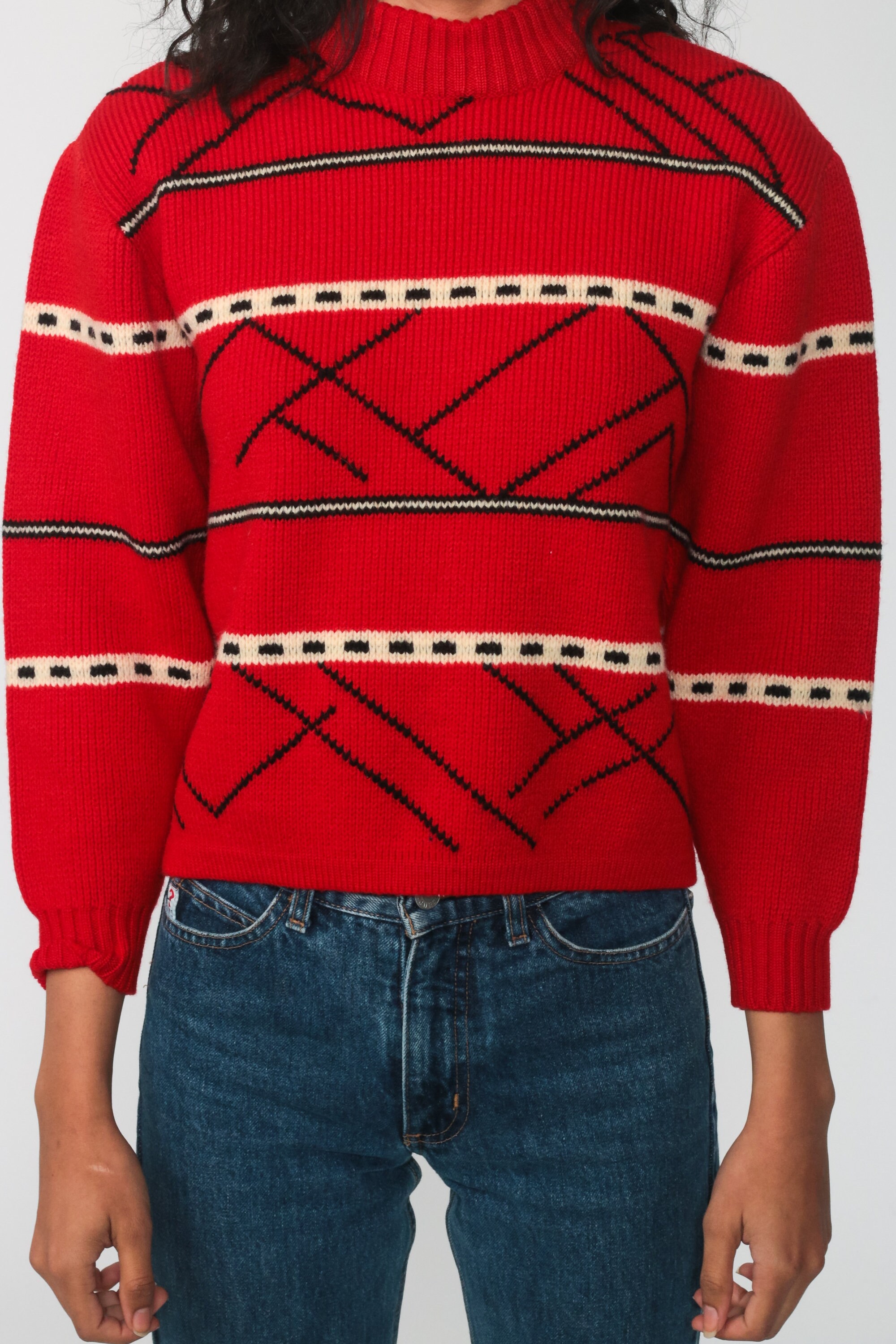 Red Wool Sweater Striped Sweater 80s Knit Slouchy Stripes | Etsy