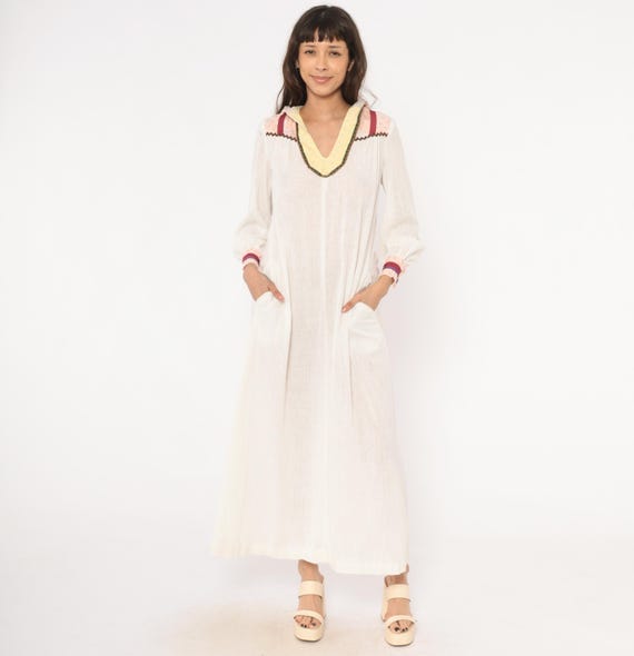 Patchwork Hood Maxi Dress 70s Prairie Linen White Cream Long Sleeve V Neck Quilted Collar Folk Kaftan Peasant Pocket Vintage Small S