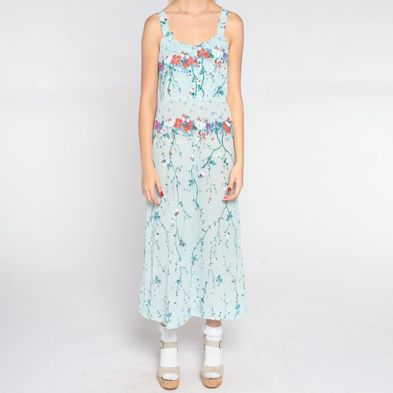 Baby Blue Floral Dress 70s Asian Inspired Blossom… - image 9