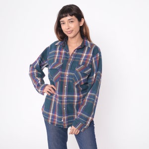 90s Flannel Shirt Teal Red Blue Plaid Button up Shirt Grunge Lumberjack Long Sleeve Checkered Print Cotton Vintage 1990s Medium Large