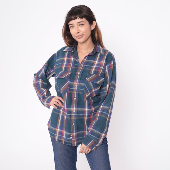 90s Flannel Shirt Teal Red Blue Plaid Button up Shirt Grunge Lumberjack Long Sleeve Checkered Print Cotton Vintage 1990s Medium Large